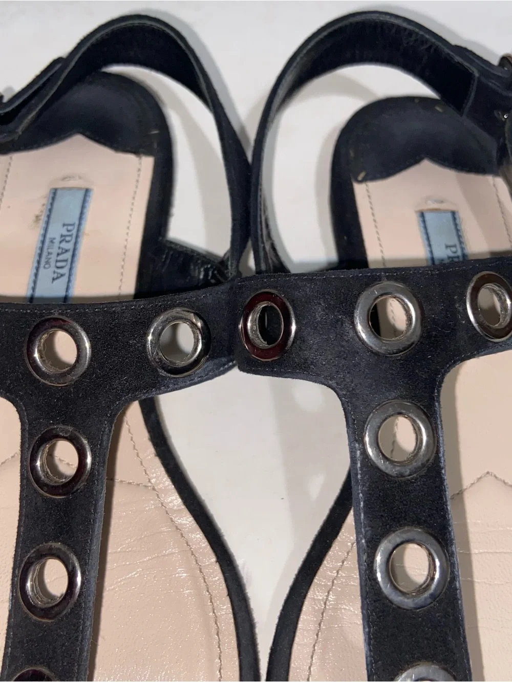 Prada Sandals Womens Size 37 Black Suede T-Strap Grommets Shoes Italy Designer